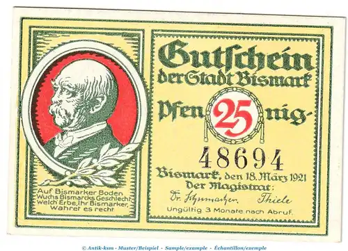 Bismark , Notgeld 25 Pfennig Schein in kfr. Tieste 0700.05.10 , Sachsen 1921 Verkehrsausgabe