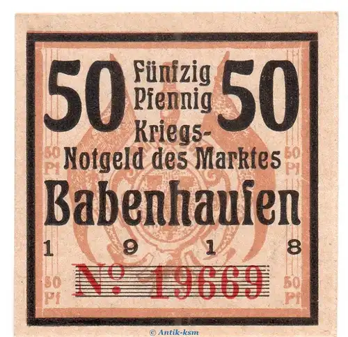 Notgeld Markt Babenhausen 0275.05.15 , 50 Pfennig Schein in kfr. von 1918 , Bayern Verkehrsausgabe