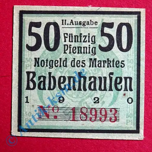 Notgeld Babenhausen , Schein über 50 Pfennig , Tieste 0275.25.B , von 1920 , Bayern Verkehrsausgabe