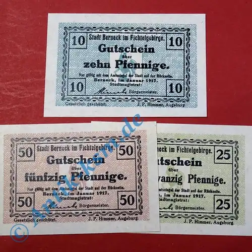 Notgeld Berneck , Satz mit 3 Scheinen , Tieste 0540.45 bis 47 , von 1917 , Bayern Verkehrsausgabe