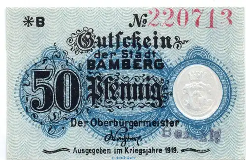 Notgeld Stadt Bamberg 0310.05.20 , 50 Pfennig Schein mit -B- von 1919 , Bayern  Verkehrsausgabe