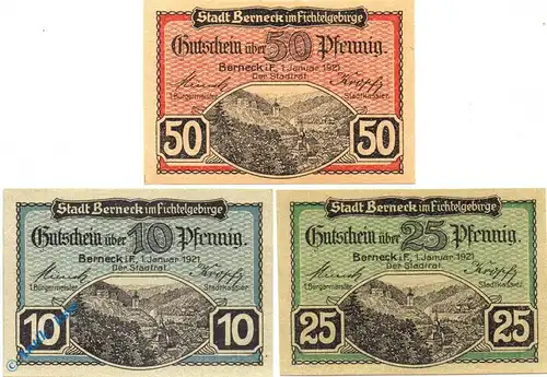 Notgeld Berneck , Set mit 3 Scheinen , Groß- und Kleinbuchst. Tieste 0540.05.55 bis 57 , von 1921 , Bayern Verkehrsausgabe