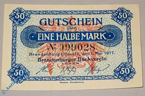 Notgeld Bankenverein , 1 Halbe Mark Schein , Tieste 0865.10.01.2 , von 1917 , Brandenburg Verkehrsausgabe