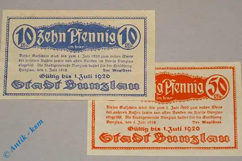 Notgeld Bunzlau , 10 und 50 Pfennig , Tieste 1025.05.05 und 06 , von 1918 , Schlesien Verkehrsausgabe