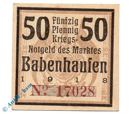 Notgeld Babenhausen , 50 Pfennig Schein sämisch , Tieste 0275.05.05 , von 1920 , Bayern Verkehrsausgabe