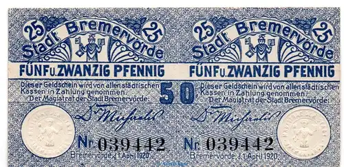 Notgeld Stadt Bremervörde 0910.05.10., 50 Pfennig Doppelschein in kfr. von 1920 , Niedersachsen Verkehrsausgabe