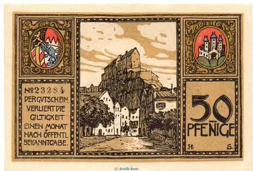 Notgeld Stadt Burghausen 1035.30.05 , 50 Pfennig Schein in kfr. ab 21000 , von 1918 , Bayern Verkehrsausgabe