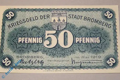 Notgeld Bromberg , 50 Pfennig Schein , Tieste 0955.05.10 , von 1919 , Pommern Verkehrsausgabe