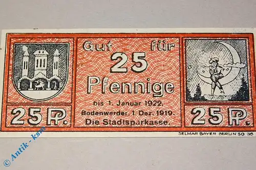 Notgeld Bodenwerder , 25 Pfennig Schein , Tieste 0800.05.070 , von 1919 , Niedersachsen Verkehrsausgabe