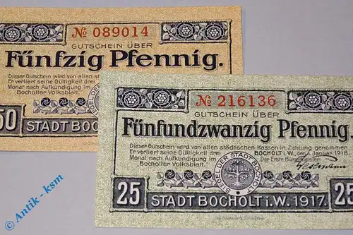 Bocholt , Notgeld Set mir 2 Scheinen in kfr. Tieste 0785.05.01-02 , Westfalen 1918 Verkehrsausgabe