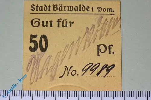 Notgeld Bärwalde , 50 Pfennig Schein , Karton weiß , Tieste 0300.05.01 , Pommern Verkehrsausgabe