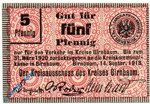 Notgeld Birnbaum , 5 Pfennig Schein , Tieste 0660.05.15 , von 1918 , Posen Verkehrsausgabe
