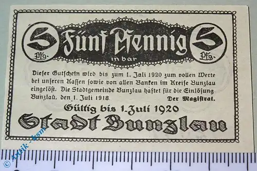 Notgeld Bunzlau , 5 Pfennig Schein , Tieste 1025.05.15 , von 1918 , Schlesien Verkehrsausgabe