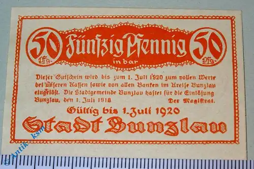 Notgeld Bunzlau , 50 Pfennig Schein , Tieste 1025.05.06 , von 1918 , Schlesien Verkehrsausgabe
