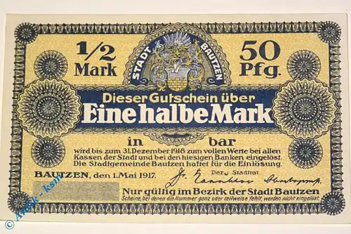 Notgeld Bautzen , 1 halbe Mark Musterschein Ohne Kennummer , Tieste 0360.20.01.M , von 1917 , Sachsen Verkehrsausgabe