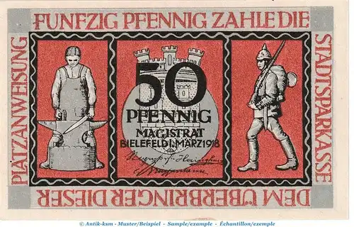 Notgeld Bielefeld , 50 Pfennig Schein , Tieste 0620.05.50 , von 1918 , Westfalen Verkehrsausgabe