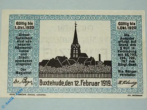 Notgeld Buxtehude , 50 Pfennig Schein , Tieste 1055.05.02 , von 1919 , Niedersachsen Verkehrsausgabe