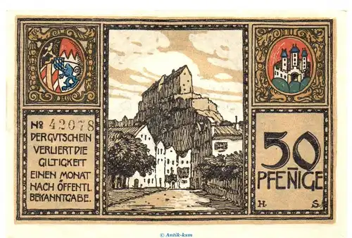 Notgeld Stadt Burghausen 1035.30.15., 50 Pfennig Schein in kfr. ab 46000 , von 1918 , Bayern Verkehrsausgabe