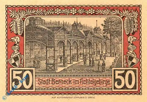 Notgeld Berneck , 50 Pfennig Schein , nur Großbuchst. Tieste 0540.05.52 , von 1921 , Bayern Verkehrsausgabe