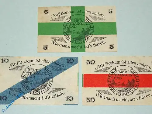 Borkum , Notgeld Set mit 3 Scheinen unc-kfr. Ti.0845.05.15-17 , Niedersachsen 1920 Verkehrsausgabe