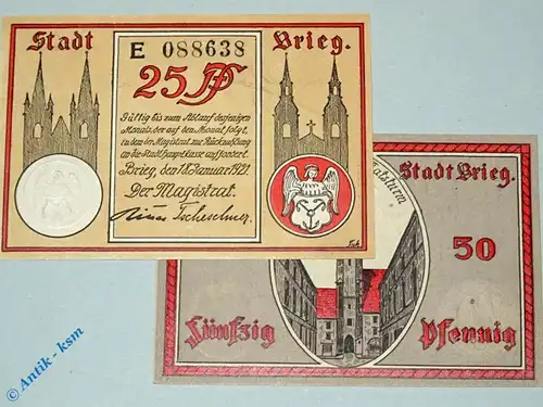 Notgeld Brieg , Set mit 2 Scheinen in kfr. Tieste 0930.15.15-16 von 1921 , Schlesien Verkehrsausgabe