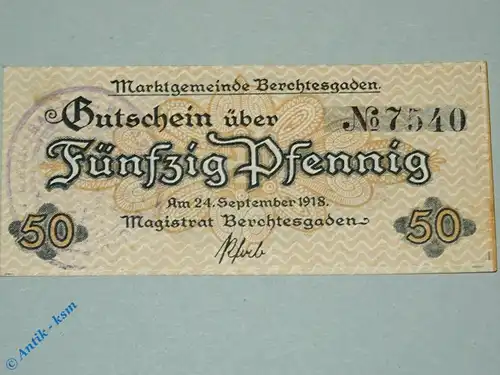Notgeld Berchtesgaden , Schein über 50 Pfennig , Tieste 0425.05.05 , von 1918 , Bayern Verkehrsausgabe
