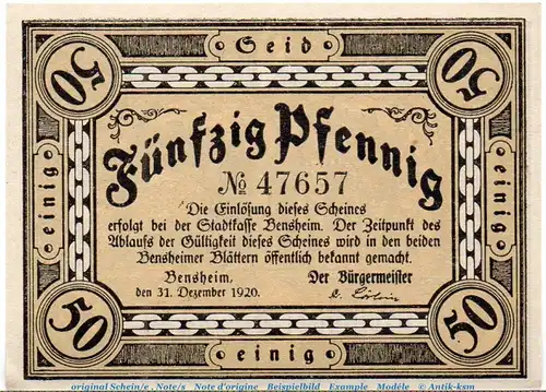 Notgeld Stadt Bensheim 0415.05.01 , 50 Pfennig Schein in kfr. von 1920 , Hessen Verkehrsausgabe