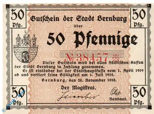Notgeld Bernburg , 50 Pfennig Schein , Tieste 0520.15.02 , von 1918 , Anhalt Verkehrsausgabe