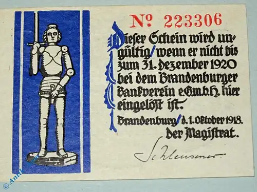 Notgeld Brandenburg , 0,5 Mark Schein , Tieste 0865.30.15 , von 1918 , Brandenburg Verkehrsausgabe