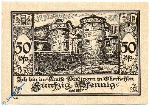 Notgeld Büdingen , 50 Pfennig Schein , Tieste 1000.05.01 , von 1918 , Hessen Verkehrsausgabe