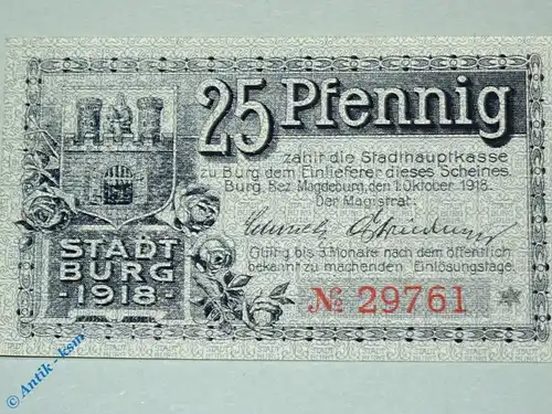 Notgeld Burg , 25 Pfennig Schein mit Stempel , Tieste 1030.05.01 , von 1918 , Sachsen Verkehrsausgabe