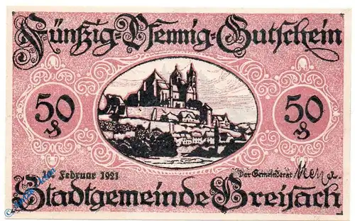 Notgeld Breisach , 50 Pfennig Schein , Tieste 0885.05.55 , von 1921 , Baden Verkehrsausgabe