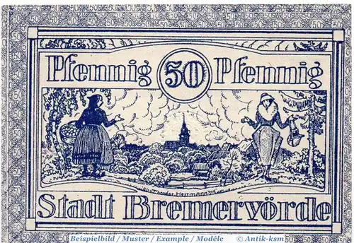 Notgeld Bremervörde , 50 Pfennig Schein in kfr. Tieste 0910.10.15 , Niedersachsen Verkehrsausgabe