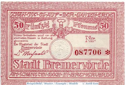 Notgeld Bremervörde , 50 Pfennig Schein in kfr. Tieste 0910.10.15 , Niedersachsen Verkehrsausgabe