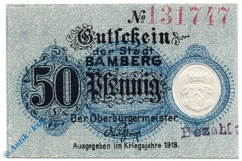 Notgeld Bamberg , 50 Pfennig Schein , Tieste 0310.05.10.2 , von 1918 , Bayern Verkehrsausgabe