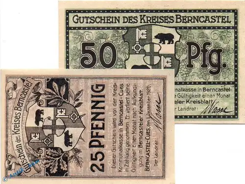 Notgeld Berncastel Cues , Set mit 2 Scheinen in kfr. Tieste 0530.05.05 und 06 , von 1920 , Rheinland Verkehrsausgabe