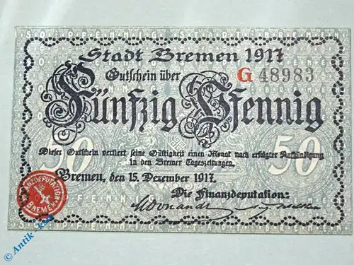 Notgeld Bremen , 50 Pfennig Schein G , Tieste 0895.055.10.1 , von 1917 , Niedersachsen Verkehrsausgabe