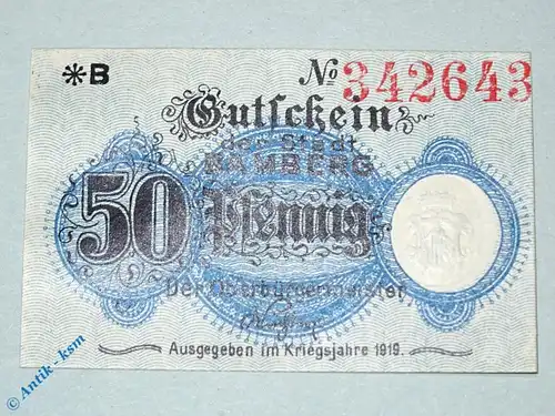 Notgeld Bamberg , 50 Pfennig Schein ohne bezahlt , Tieste 0310.05.20 , Bayern Verkehrsausgabe