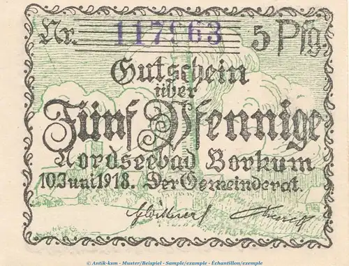 Notgeld Gemeinde Borkum 0845.05.10 , 5 Pfennig Schein in kfr. von 1918 , Niedersachsen Verkehrsausgabe