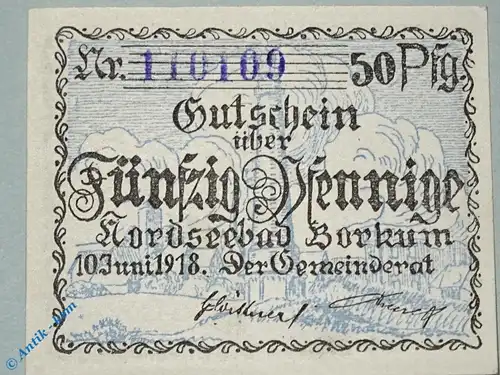 Notgeld Borkum , 50 Pfennig Schein , Tieste 0845.05.12 , von 1918 , Niedersachsen Verkehrsausgabe