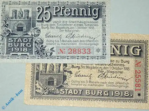 Notgeld Burg , Set mit 2 Scheinen , Prägestempel , Tieste 1030.05.01 und 02 , von 1918 , Sachsen Verkehrsausgabe