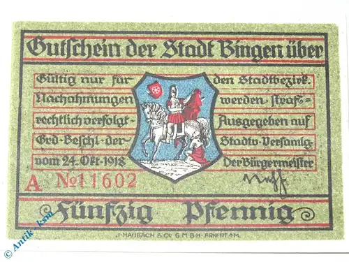 Bingen , Notgeld 50 Pfennig Schein in kfr. Tieste 0630.05.10 , Hessen von 1918 Verkehrsausgabe