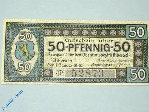 Biberach , Notgeld 50 Pfennig Schein in kfr. Tieste 0600.05.06 Württemberg 1918 Verkehrsausgabe