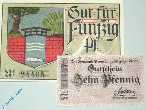Notgeld Broacker , Set mit 2 Scheinen , Tieste 0945.10.10 und 11 , von 1918 , dänisch Nordschleswig Verkehrsausgabe