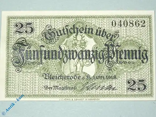 Notgeld Bleicherode , 25 Pfennig Schein , Tieste 0740.05.02 , von 1918 , Sachsen Verkehrsausgabe