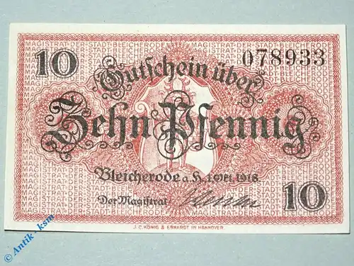 Notgeld Bleicherode , 10 Pfennig Schein , Tieste 0740.05.01 , von 1918 , Sachsen Verkehrsausgabe