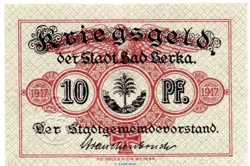 Notgeld Stadt Bad Berka 0455.05.15 , 10 Pfennig Schein in kfr. von 1917,  Sachsen Verkehrsausgabe