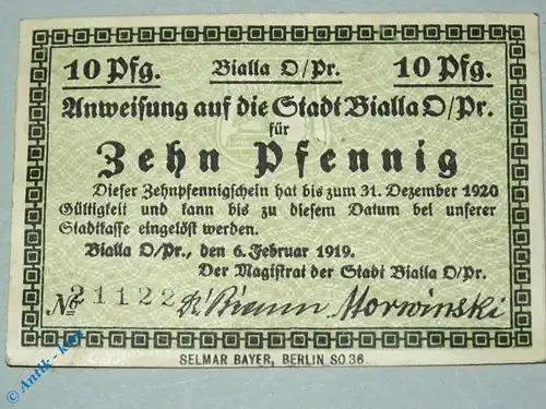 Notgeld Bialla , 10 Pfennig Schein bis 1920 , Tieste 0595.05.05 , von 1919 , Ostpreussen Verkehrsausgabe