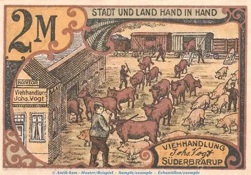 Notgeld Viehhandlung Vogt Süderbrarup 1297.1  , 2 Mark Schein in kfr. von 1920 , Schleswig Holstein Seriennotgeld