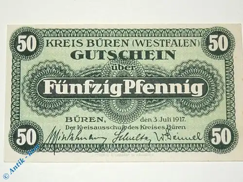 Notgeld Büren , 50 Pfennig Musterschein ohne Kennummer , Tieste 1010.05.05.M , von 1917 , Westfalen Verkehrsausgabe